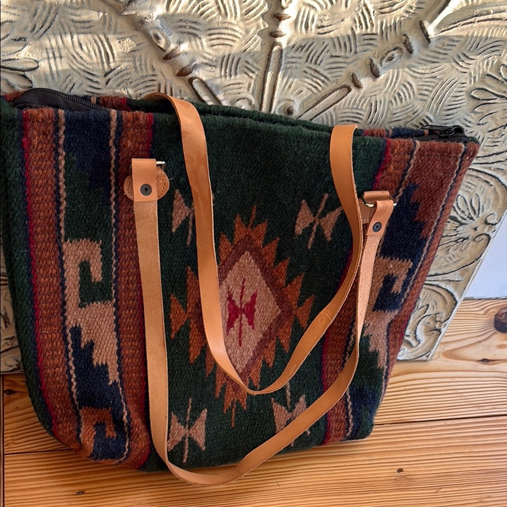 Cowboy Chic Western Patterned Tote Bag with Tan Straps and Zip Top